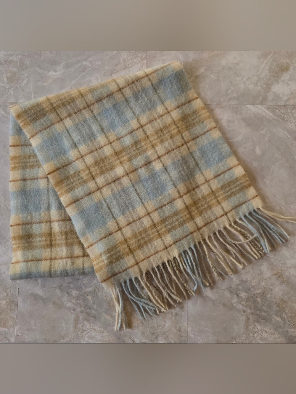 Valerie Stevens 100% Cashmere Scarf Made Germany Plaid Icy Blue Tan Fringe